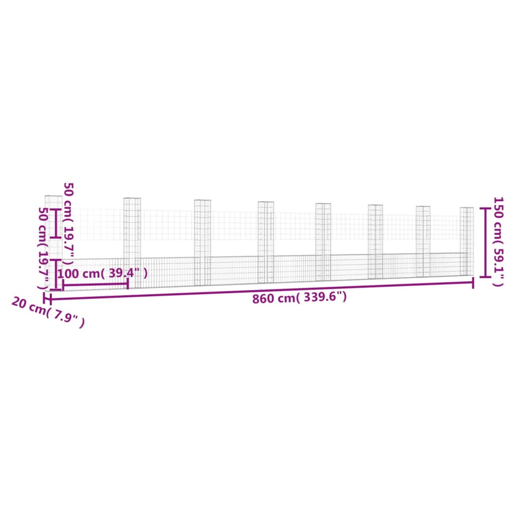 Panier de gabion en forme de U avec 8 poteaux Fer 860x20x150 cm