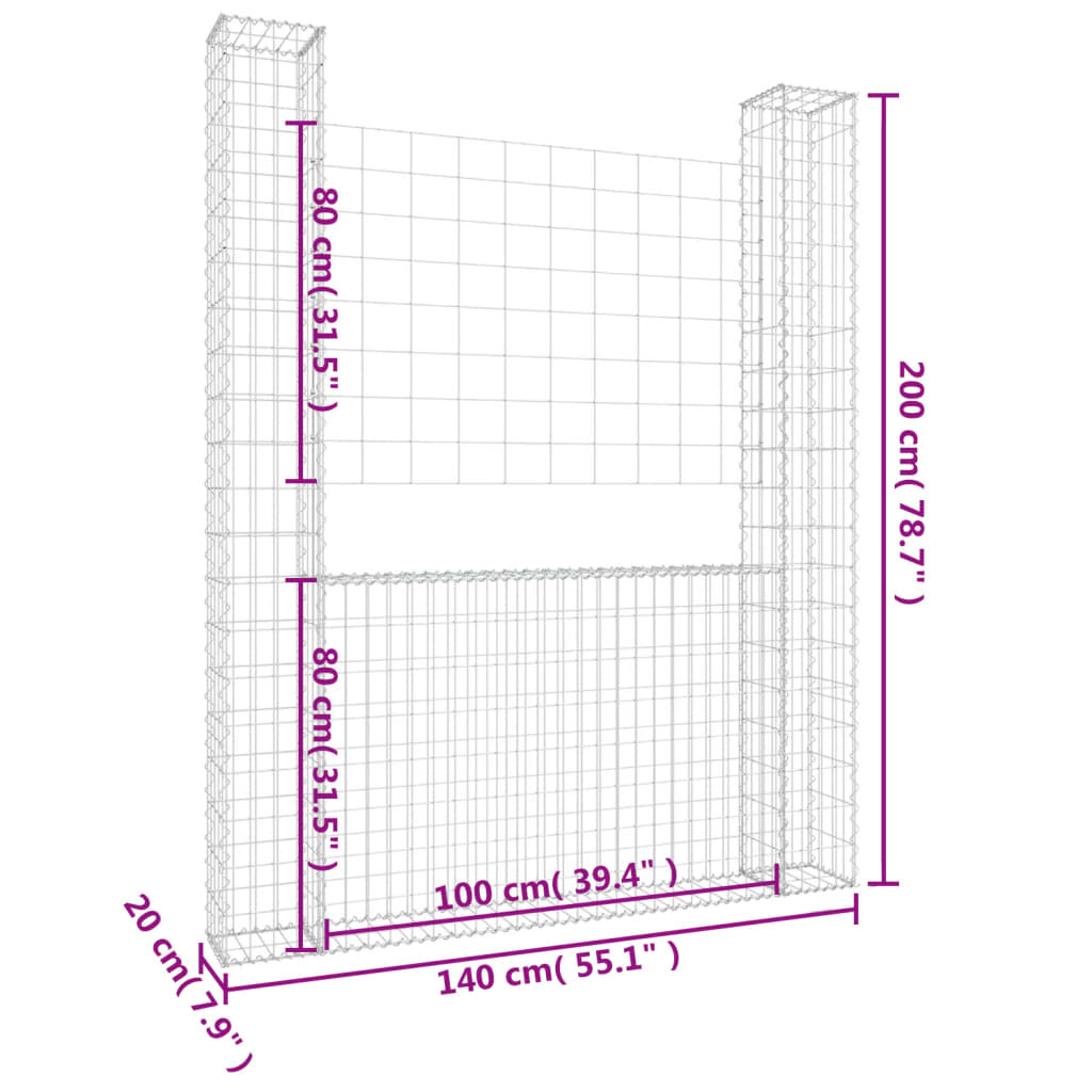 Panier de gabion en forme de U avec 2 poteaux Fer 140x20x200 cm