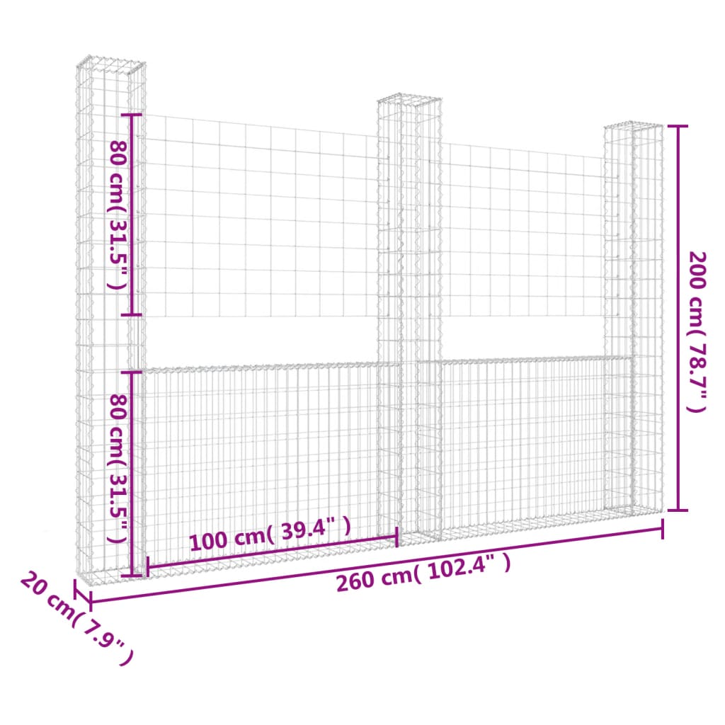 Panier de gabion en forme de U avec 3 poteaux Fer 260x20x200 cm