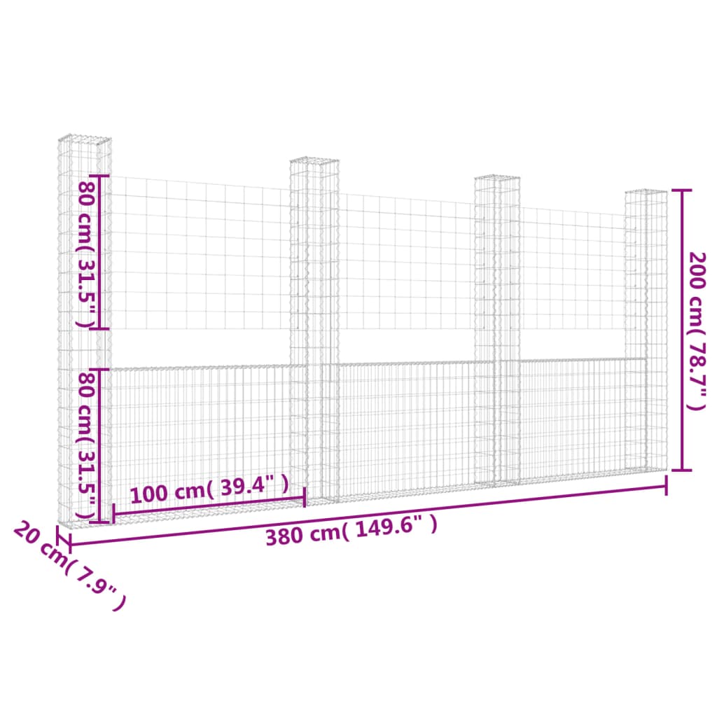 U-förmiger Gabionenkorb mit 4 Eisenpfosten 380x20x200 cm