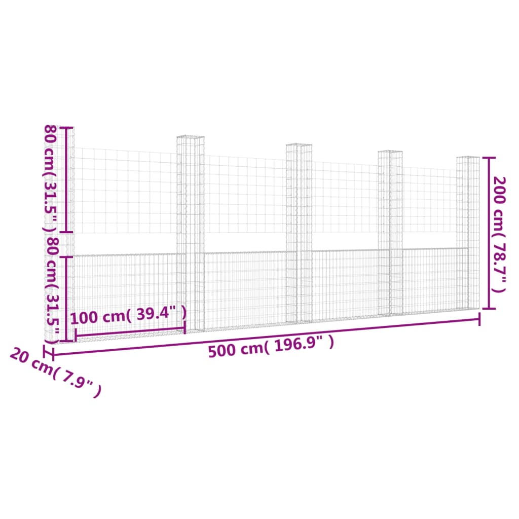 Panier de gabion en forme de U avec 5 poteaux Fer 500x20x200 cm