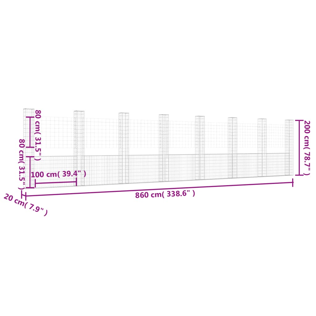 U-shaped gabion basket with 8 posts Iron 860x20x200 cm