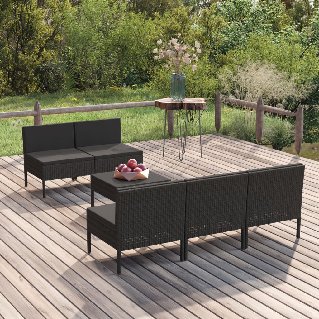 Salon de jardin 6 pcs avec coussins résine tressée noir