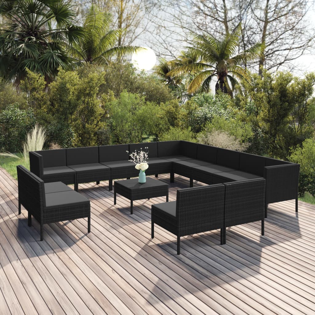 Salon de jardin 14 pcs avec coussins Résine tressée Noir