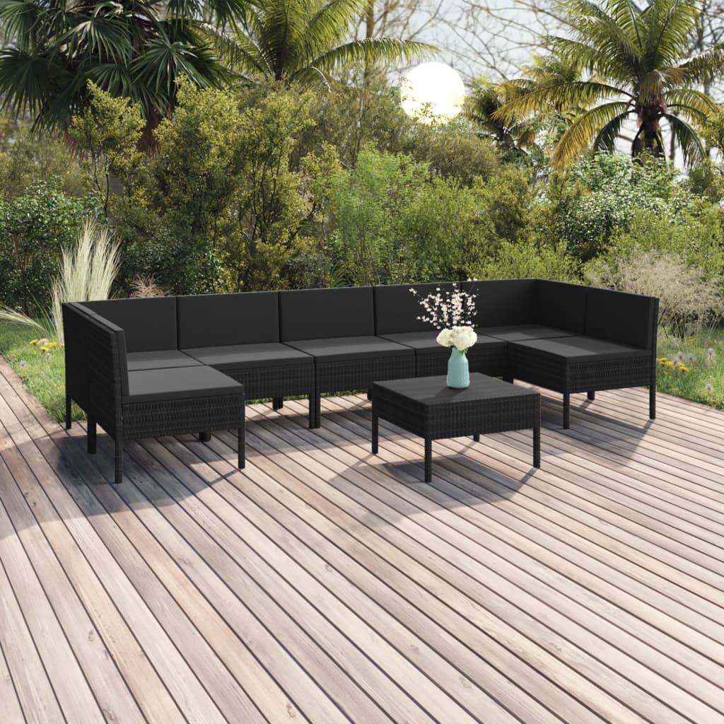 Salon de jardin 8 pcs avec coussins résine tressée noir