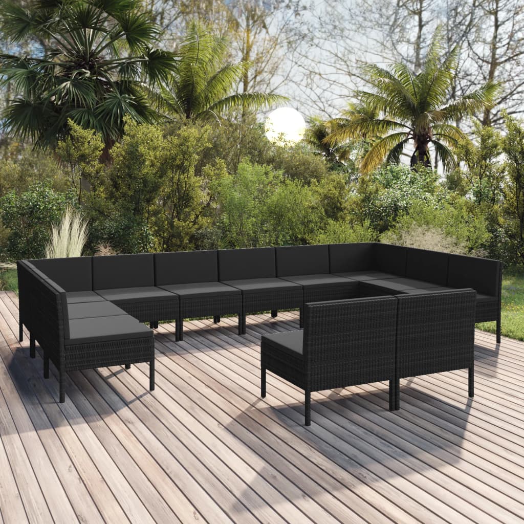 Salon de jardin 12 pcs avec coussins résine tressée noir