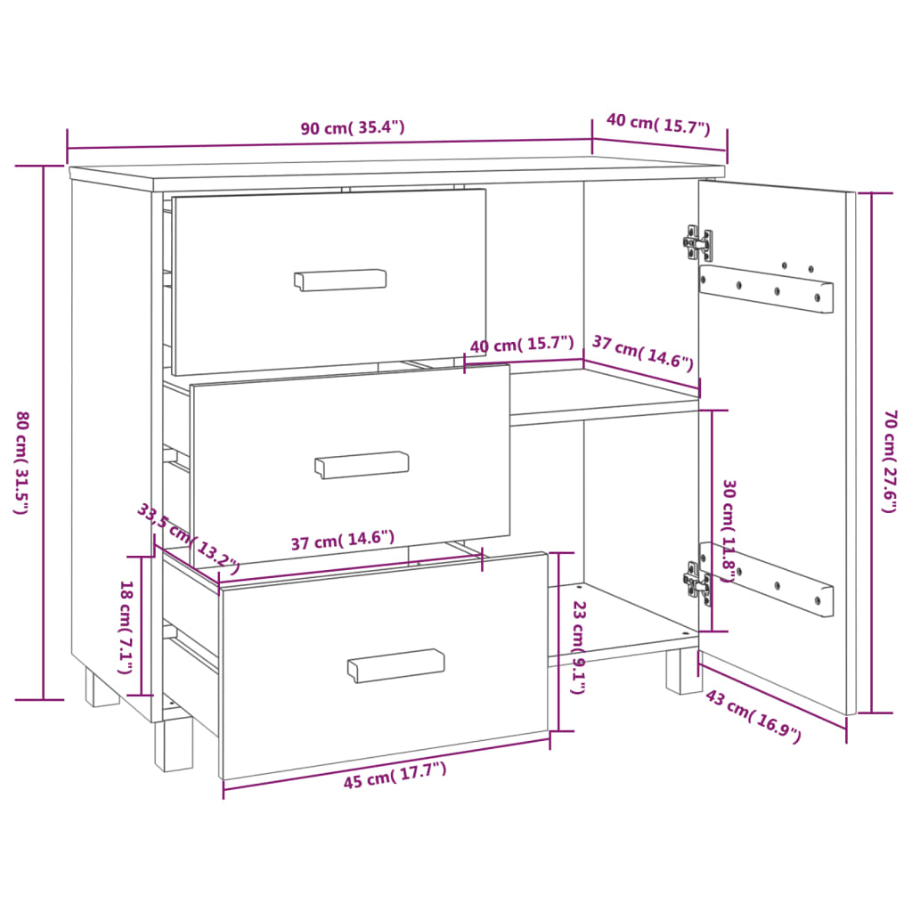 Buffet HAMAR Gris foncé 90x40x80 cm Bois massif de pin