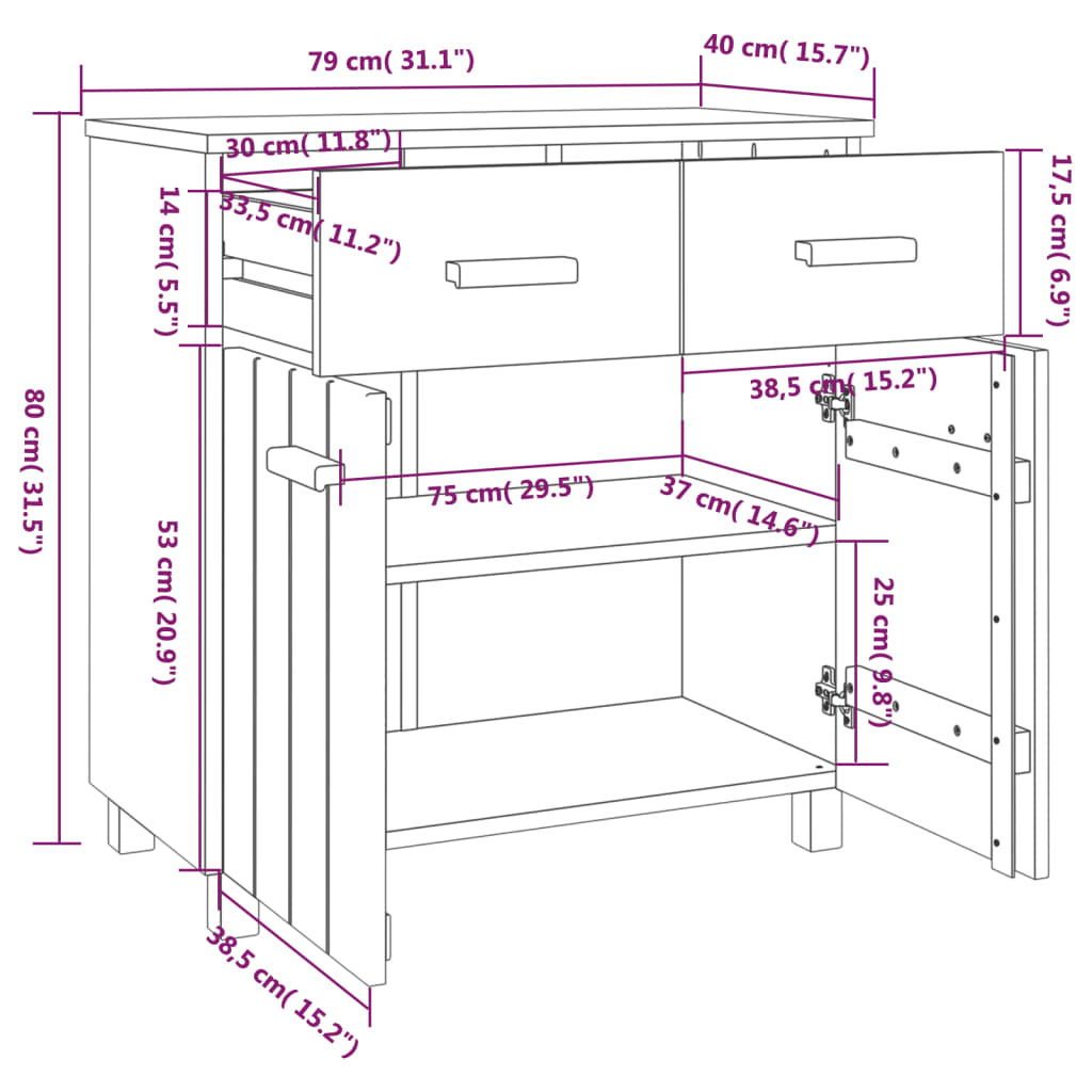 HAMAR Sideboard Honigbraun 79x40x80 cm Massives Kiefernholz