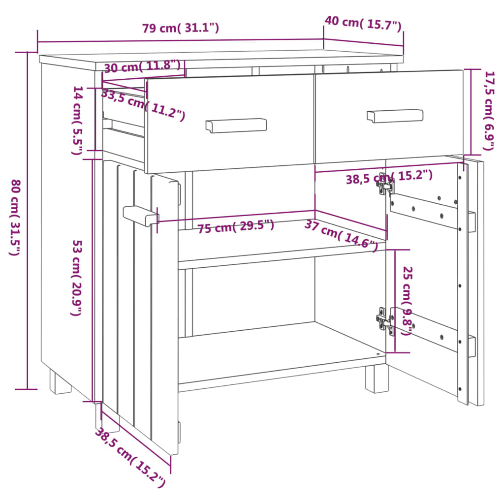 Buffet HAMAR Gris clair 79x40x80 cm Bois massif de pin