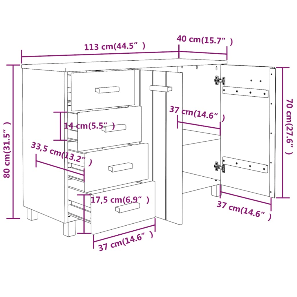 Buffet HAMAR Gris clair 113x40x80 cm Bois massif de pin