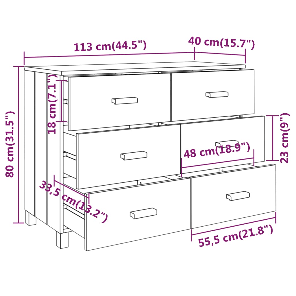 Buffet HAMAR Gris foncé 113x40x80 cm Bois massif de pin