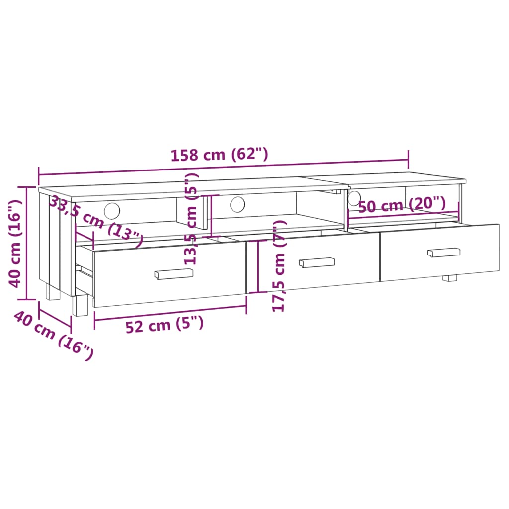 Meuble TV HAMAR Blanc 158x40x40 cm Bois massif de pin