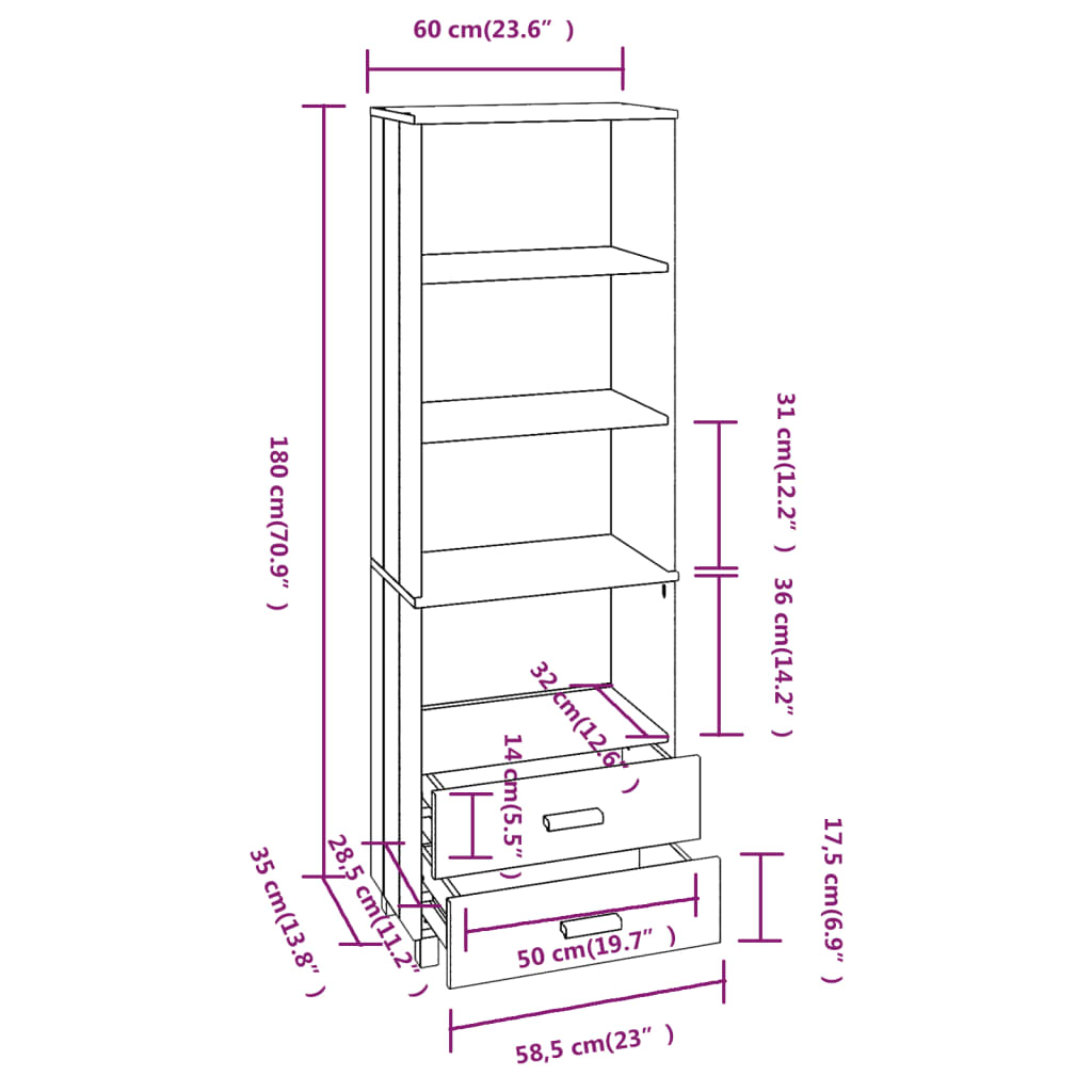 Buffet HAMAR Gris clair 60x35x180 cm Bois de pin massif