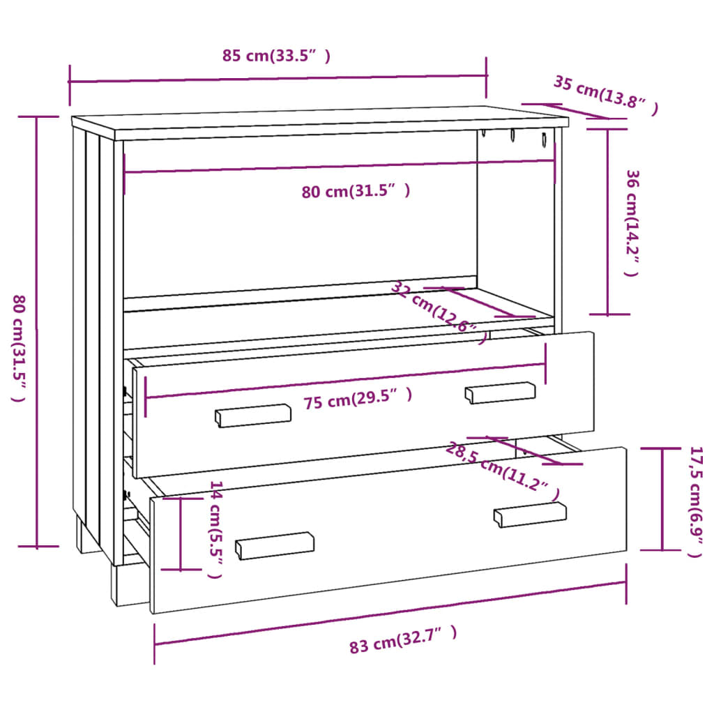 Buffet HAMAR Marron miel 85x35x80 cm Bois massif de pin