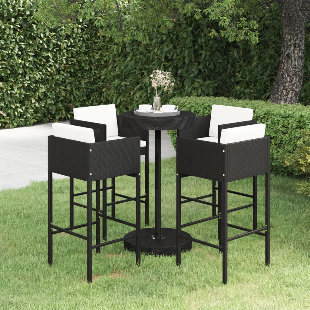 Ensemble de bar de jardin 5 pcs et coussins Résine tressée Noir