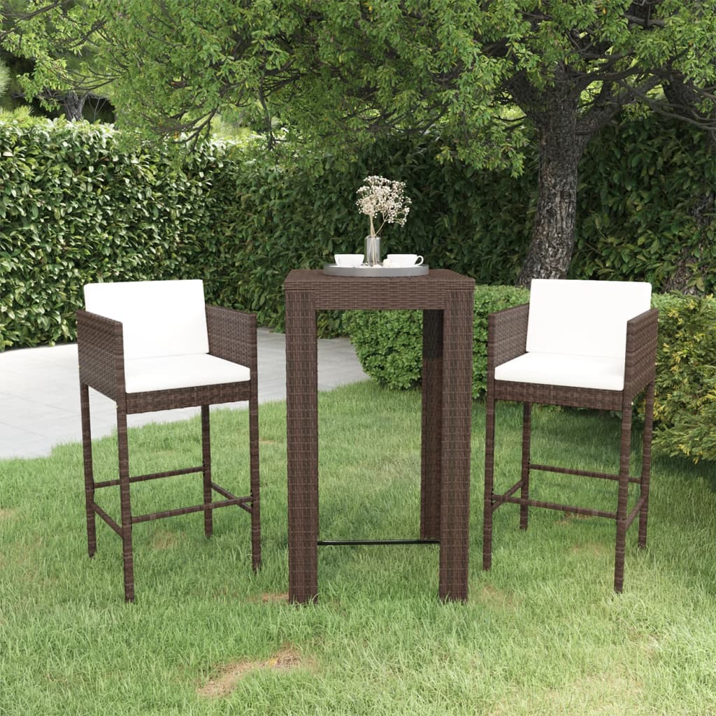 Meubles de bar de jardin 3pcs et coussins Résine tressée Marron