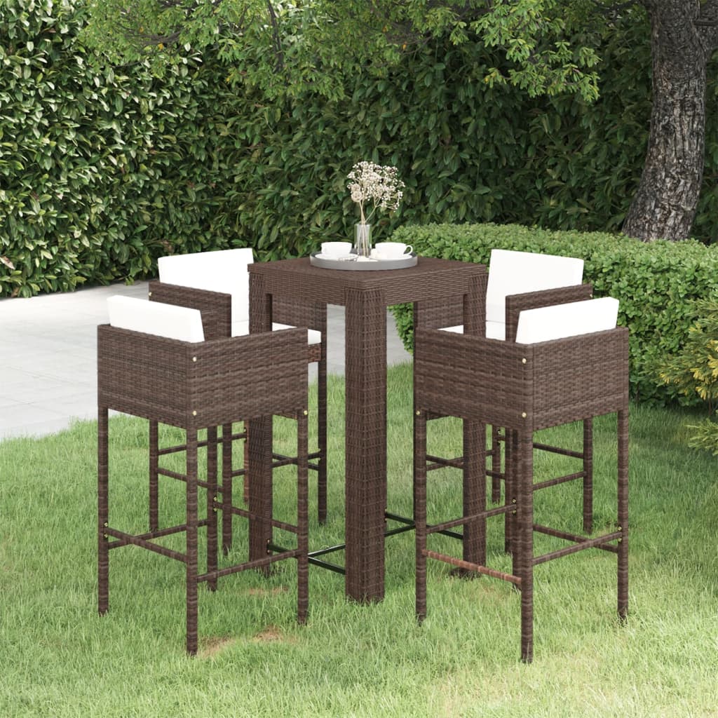 Ensemble bar de jardin 5 pcs et coussins Résine tressée Marron