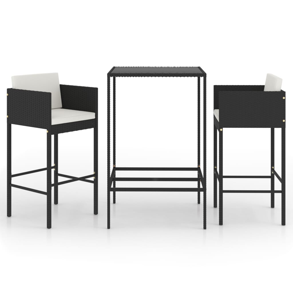 Ensemble de bar de jardin 3 pcs et coussins Résine tressée Noir