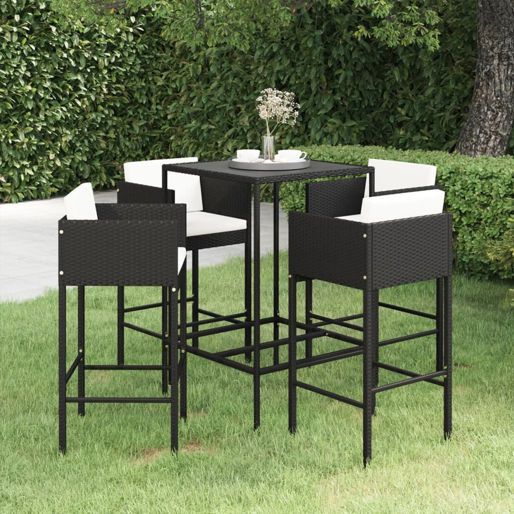 Ensemble de bar de jardin 5 pcs et coussins Résine tressée Noir