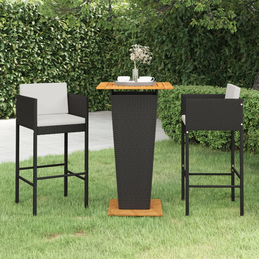 Ensemble de bar de jardin 3 pcs et coussins Résine tressée Noir