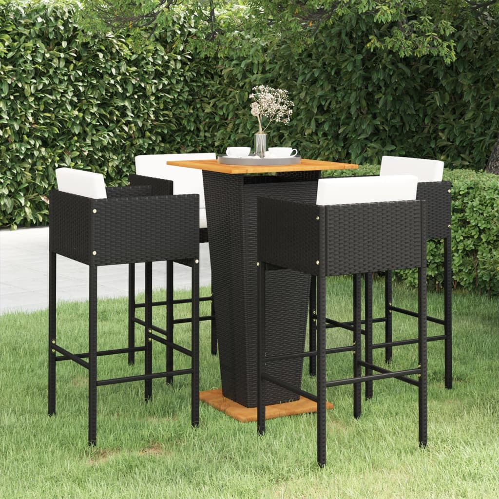 Ensemble de bar de jardin 5 pcs et coussins Résine tressée Noir