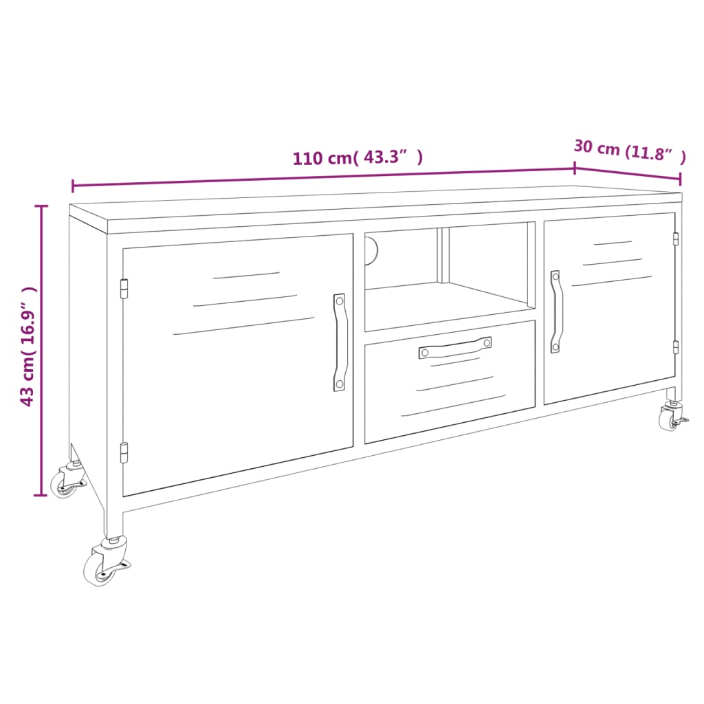 Meuble TV Noir 110x30x43 cm Fer et bois de pin massif