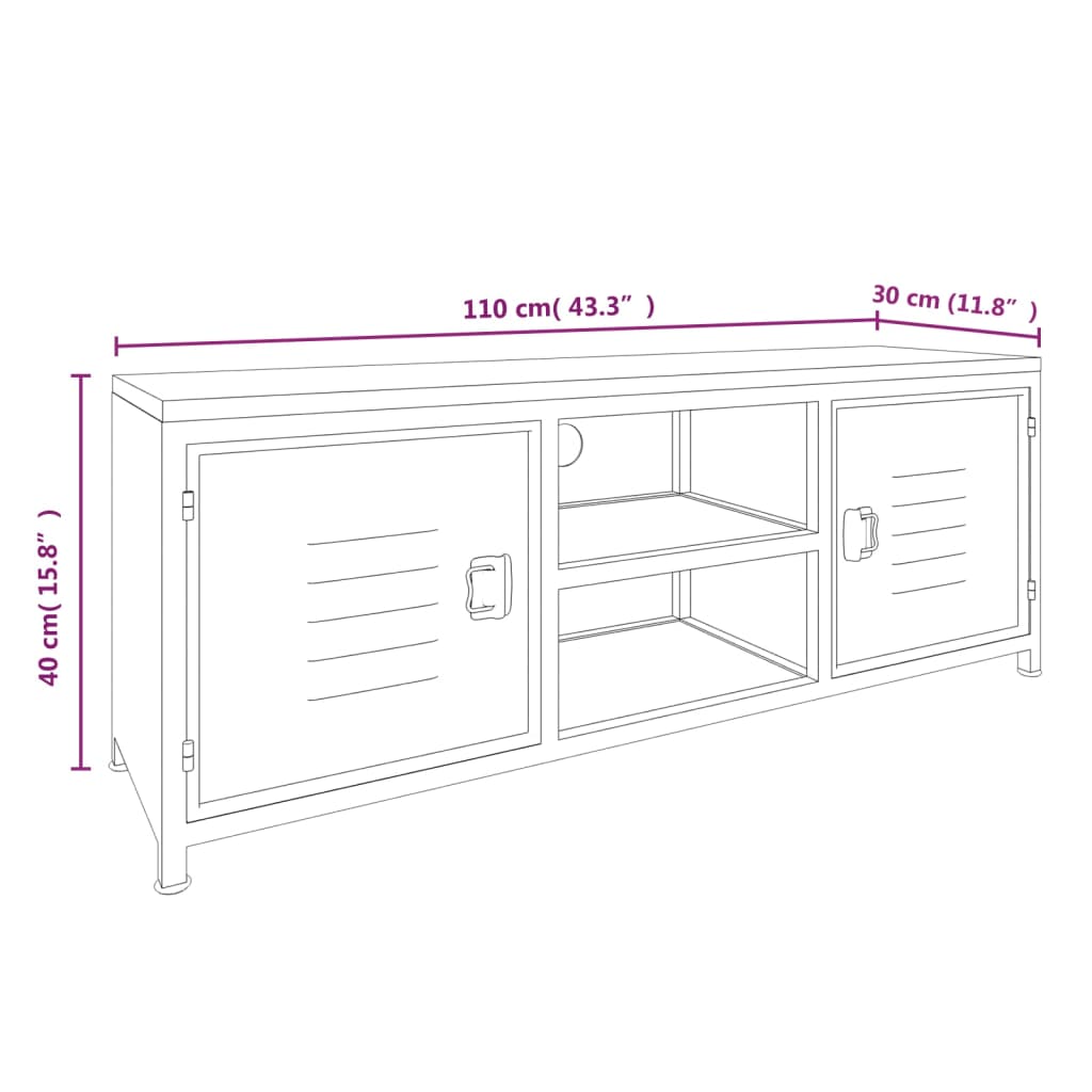 Meuble TV Blanc 110x30x40 cm Fer et bois de sapin massif