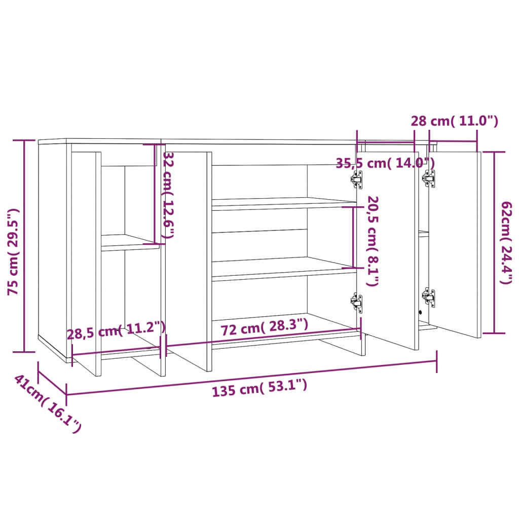 Buffet chêne sonoma 135x41x75 cm bois d'ingénierie