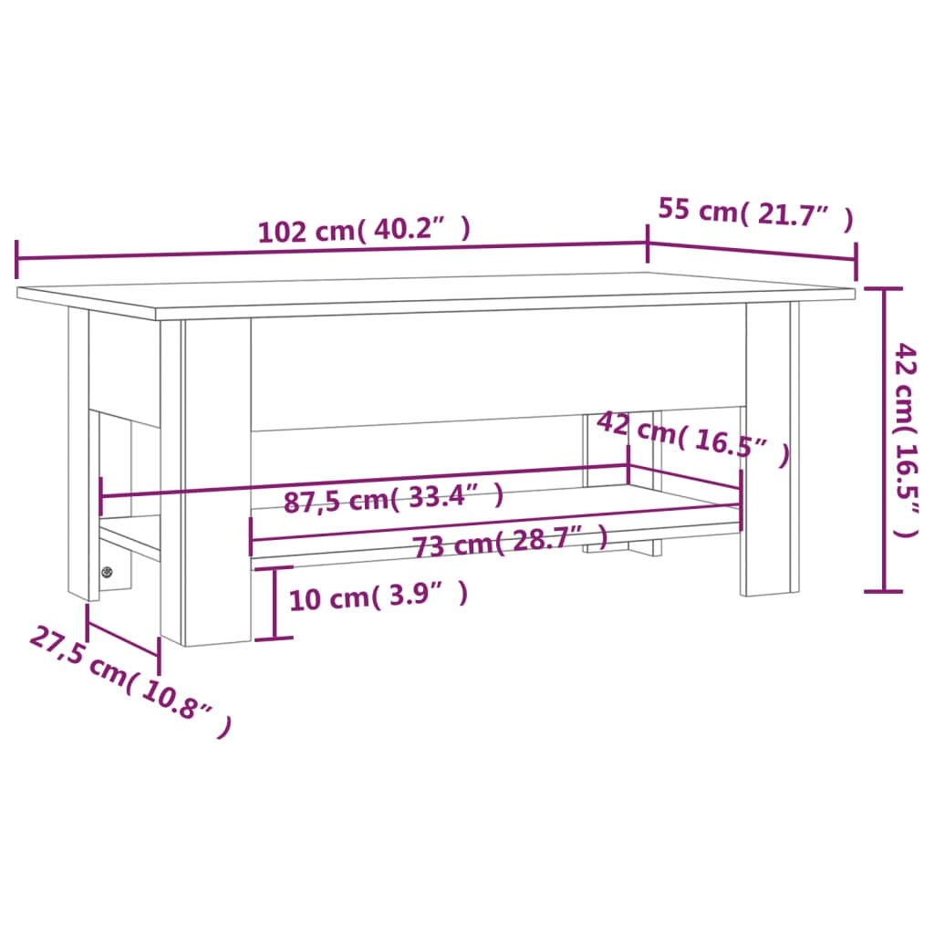 Table basse chêne sonoma 102x55x42 cm bois d'ingénierie