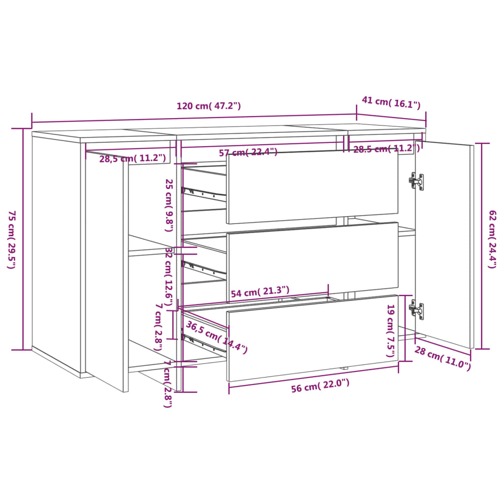 Buffet avec 3tiroirs chêne marron 120x41x75cm bois d'ingénierie