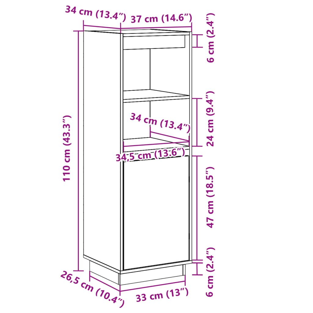 Buffet haut Noir 37x34x110 cm Bois massif de pin