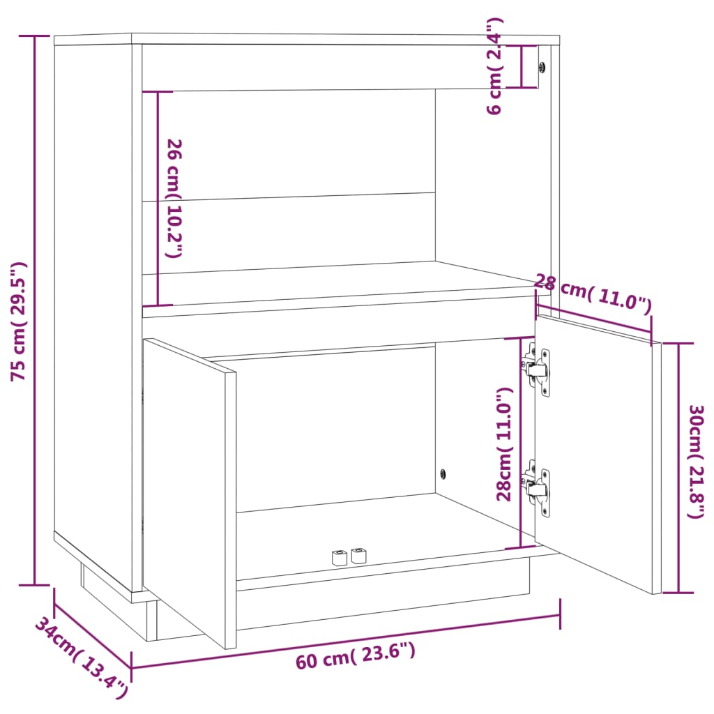 Graues Sideboard 60x34x75 cm Massives Kiefernholz