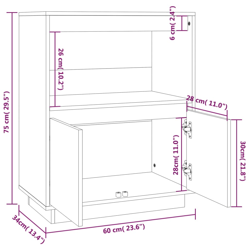 Buffet Noir 60x34x75 cm Bois massif de pin