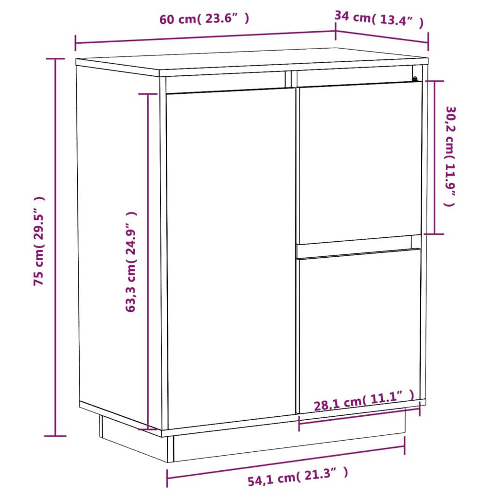 Buffet Blanc 60x34x75 cm Bois massif de pin