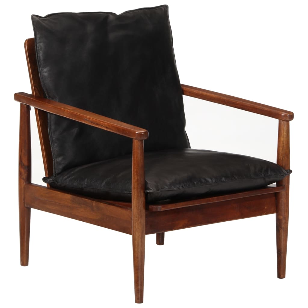 Fauteuil noir cuir véritable et bois d'acacia solide