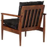 Fauteuil noir cuir véritable et bois d'acacia solide