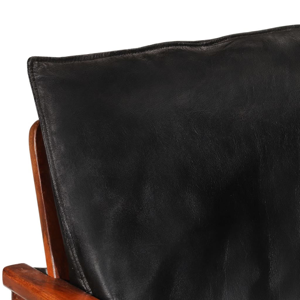 Fauteuil noir cuir véritable et bois d'acacia solide