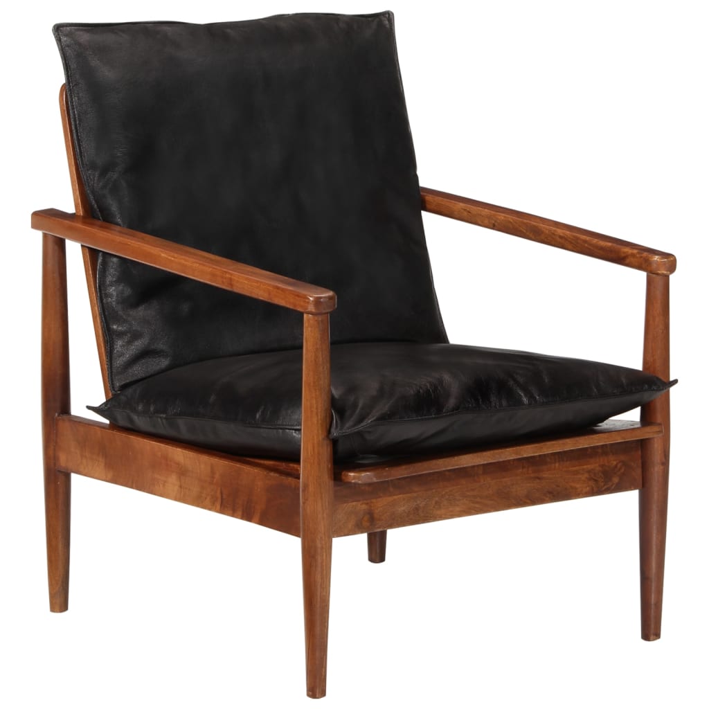 Fauteuil noir cuir véritable et bois d'acacia solide