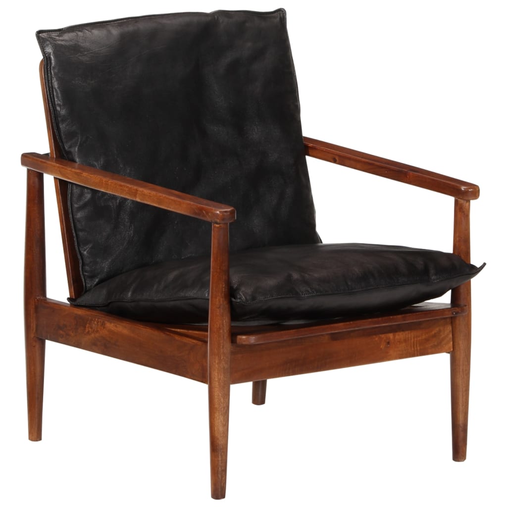 Fauteuil noir cuir véritable et bois d'acacia solide