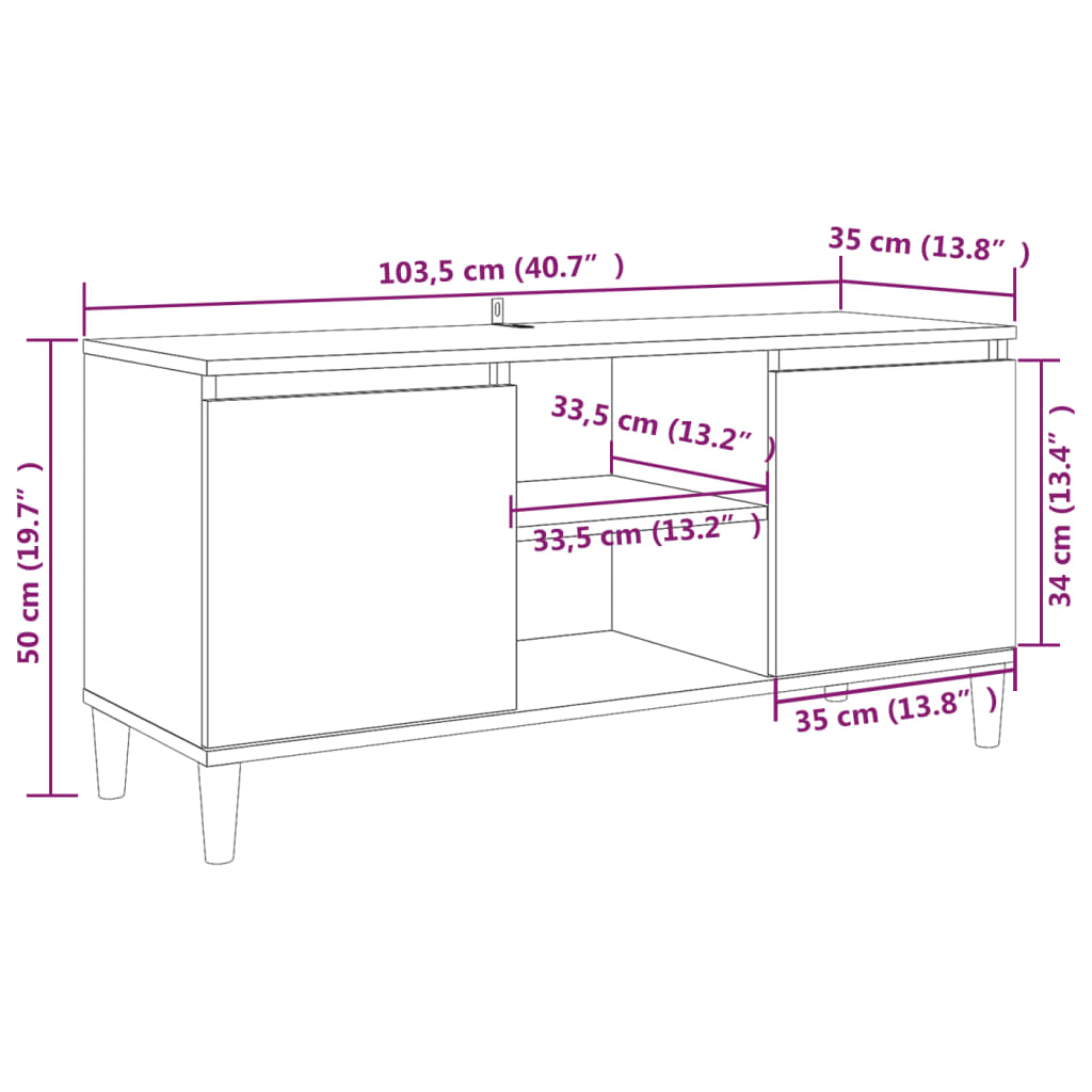 Meuble TV avec pieds en bois solide Chêne fumé 103,5x35x50 cm