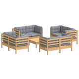 Salon de jardin 9 pcs avec coussins gris bois de pin