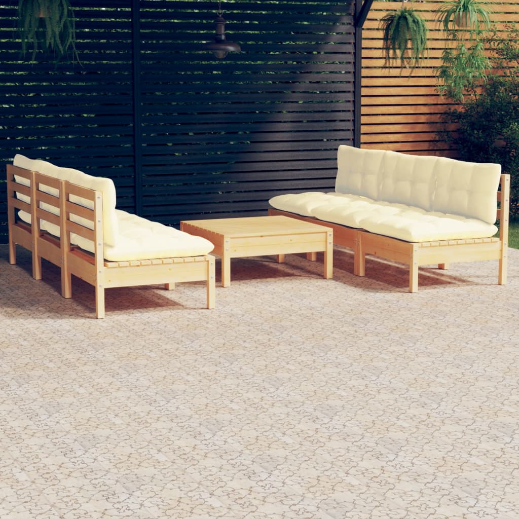 Salon de jardin 7 pcs avec coussins crème bois de pin