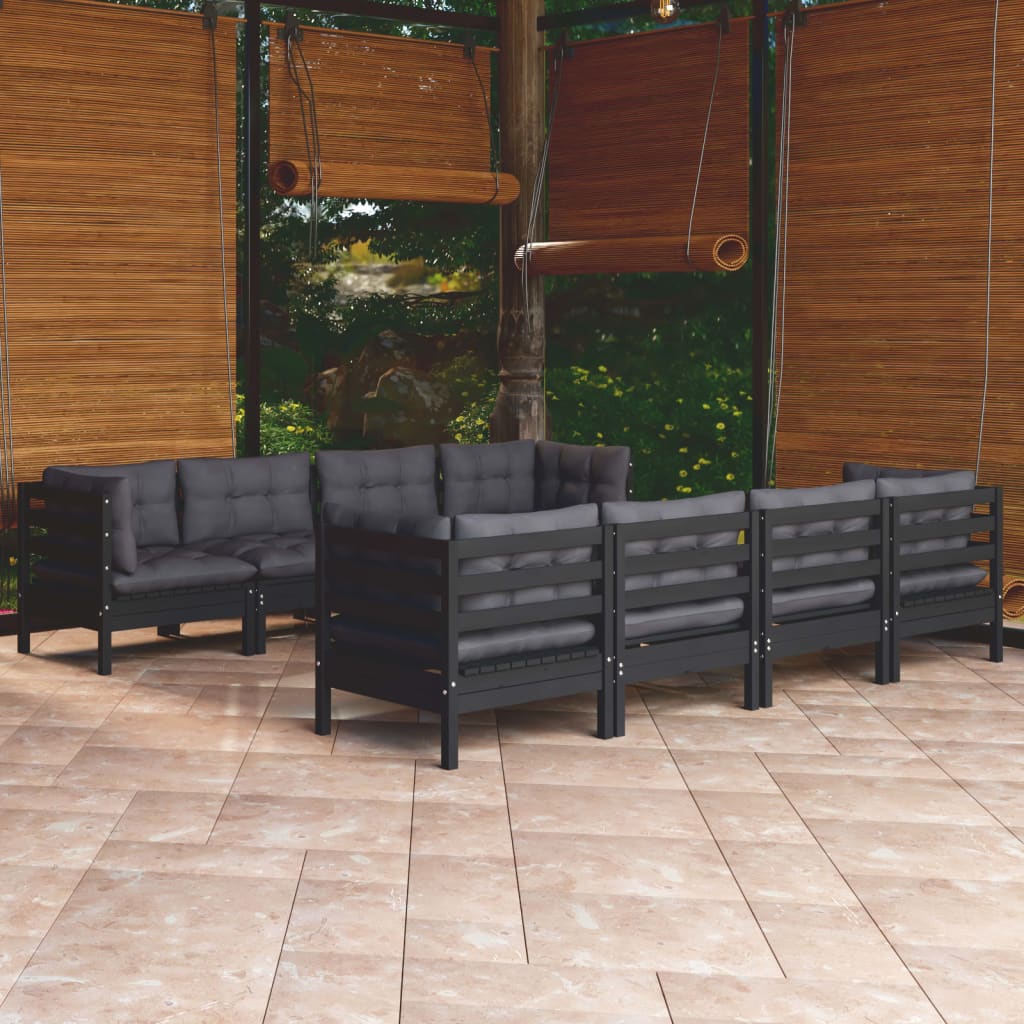 Salon de jardin 9 pcs avec coussins bois de pin massif