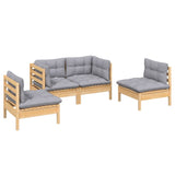 Salon de jardin 4 pcs avec coussins gris Bois de pin massif