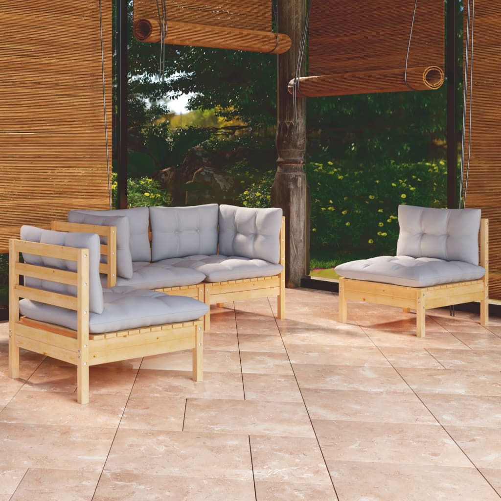 Salon de jardin 4 pcs avec coussins gris Bois de pin massif