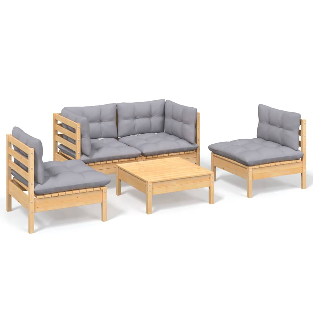 Salon de jardin 5 pcs avec coussins gris bois de pin massif