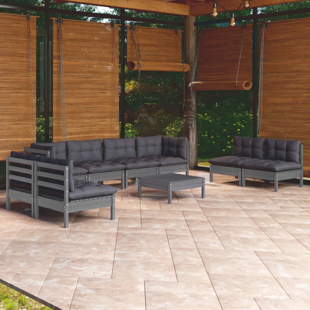 Salon de jardin 9 pcs avec coussins bois de pin massif