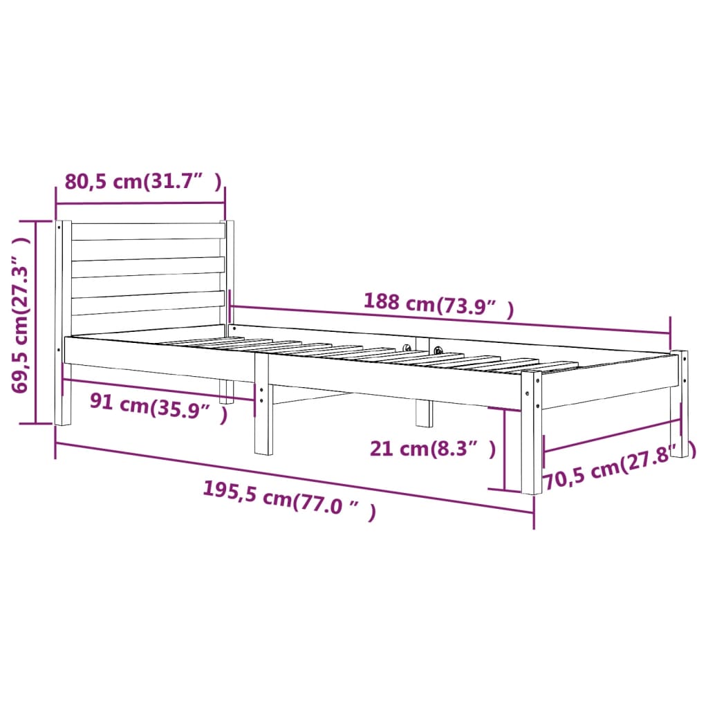 Bed frame without mattress 75x190 cm white