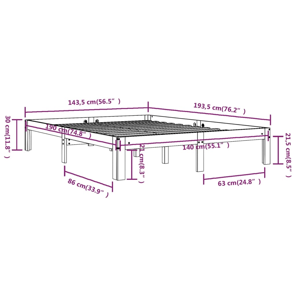 Cadre de lit sans matelas bois de pin massif 140x190 cm