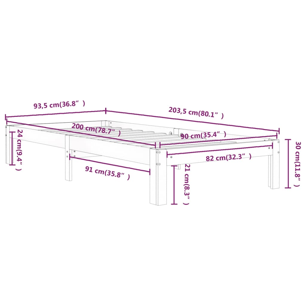 Bettgestell ohne Matratze aus massivem Kiefernholz 90x200 cm